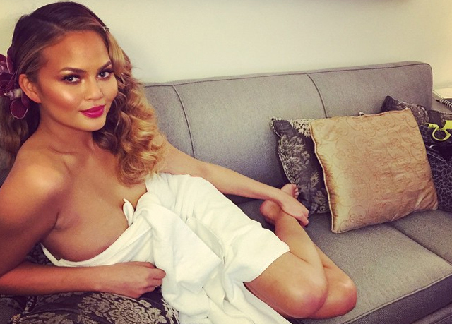 Chrissy Teigen Nude On Sofa Wrapped Just In Towel