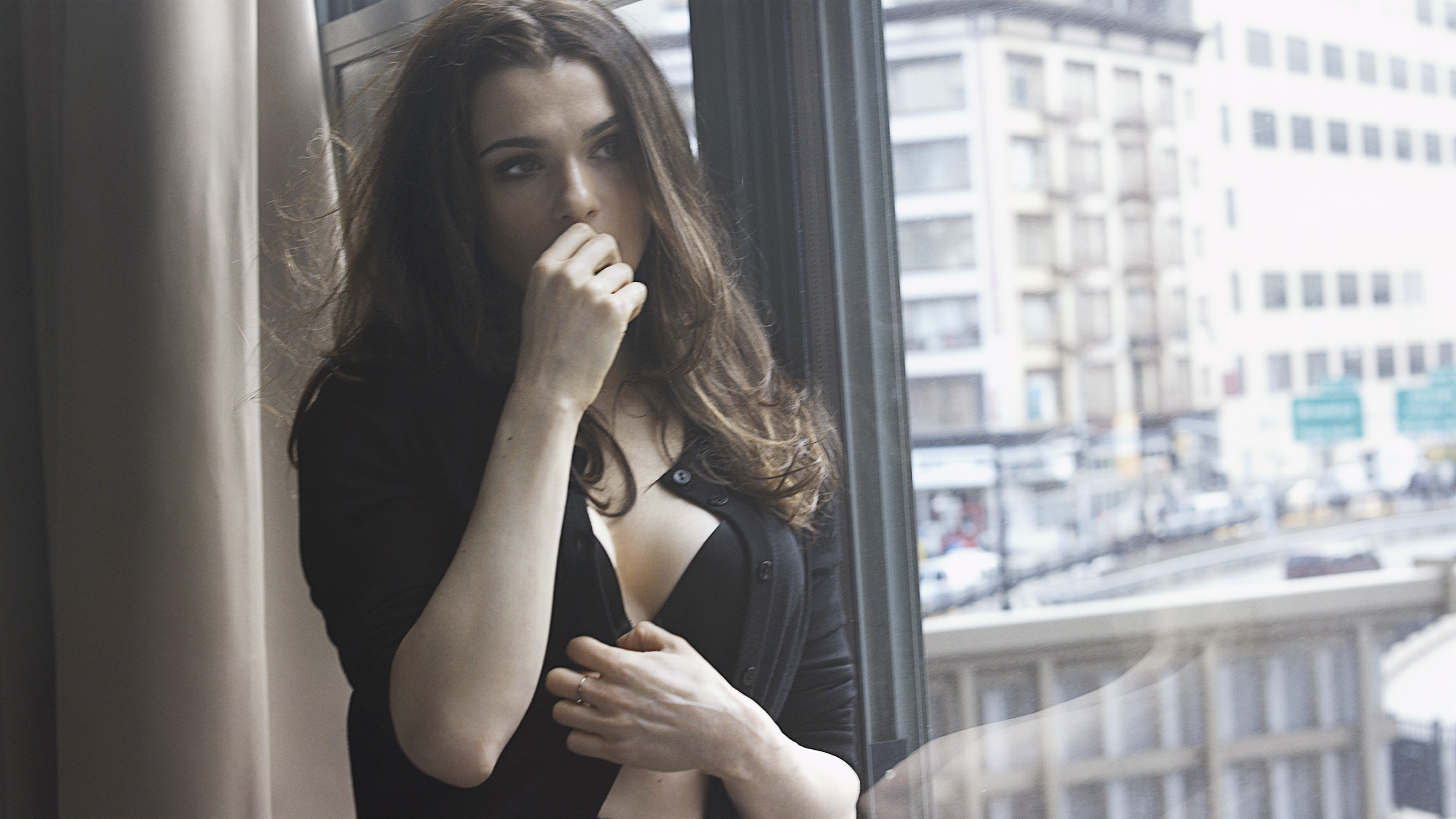 Rachel Weisz Hot in Black Bra Near the Window
